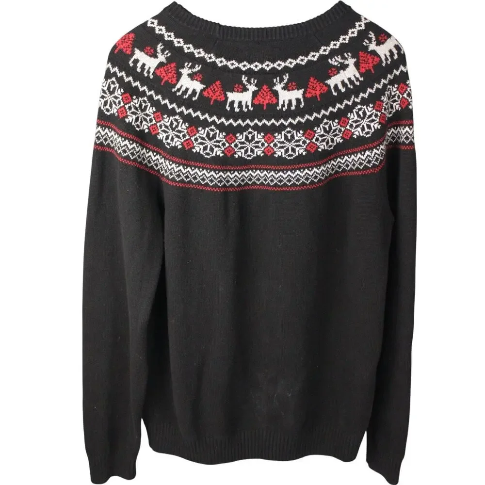Mens L Fair Isle Reindeer Sweater 60% Cotton Nordic Winter‎ Ski Holiday Black